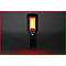 Zwarte LED-werklamp met een rode rand en gloeiend geel-rood licht.